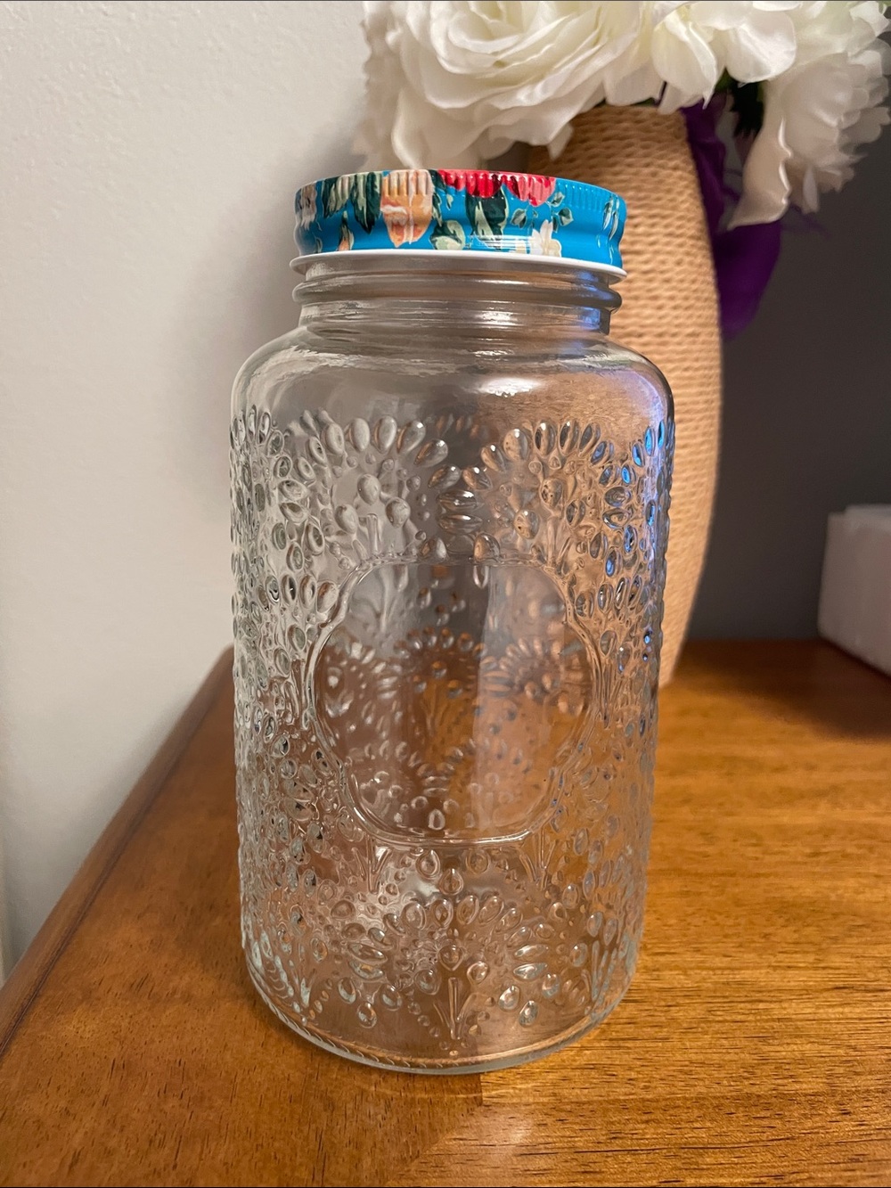 The Pioneer Woman Embossed Glass Storage Jar Teal Floral Lid NOT FOR CANNING
